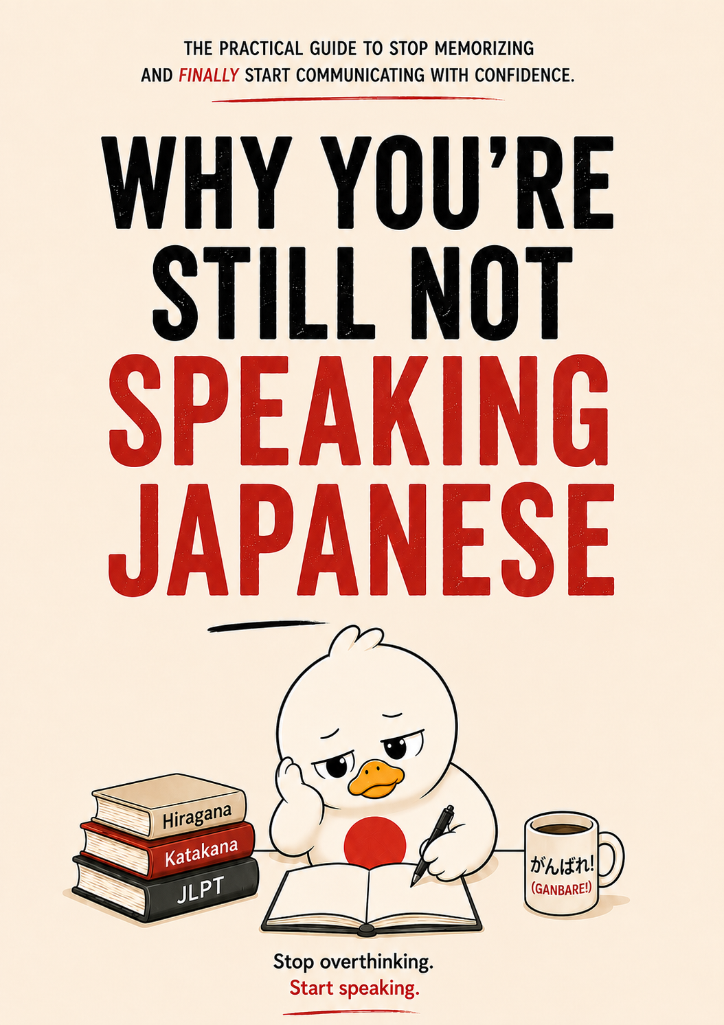 Why You're Still Not Speaking Japanese — ebook cover featuring a frustrated duck surrounded by Japanese study books